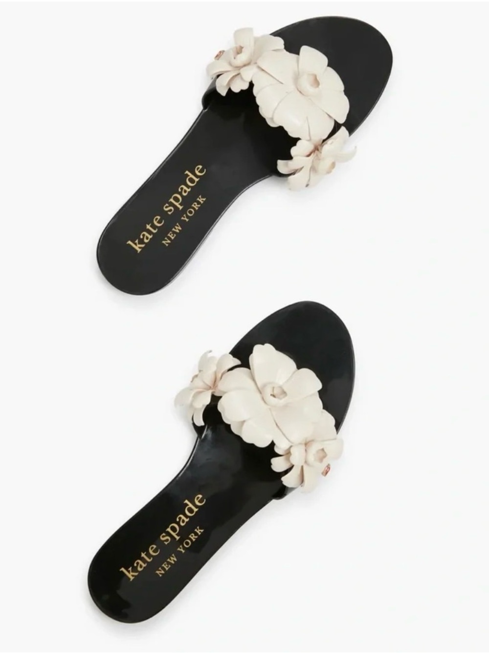 kate spade Black Slides with Cream Floral Appliqués
